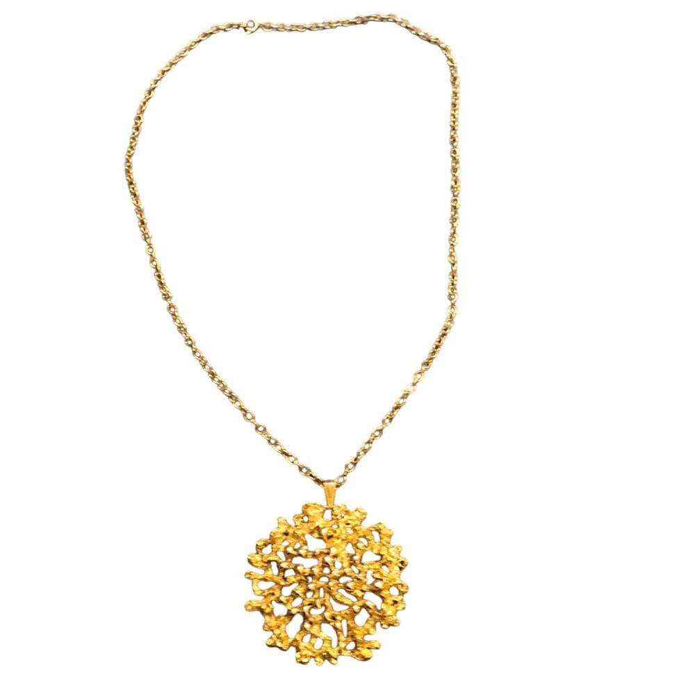 Gold tone Medallion Necklace Lacy Coral Pattern
